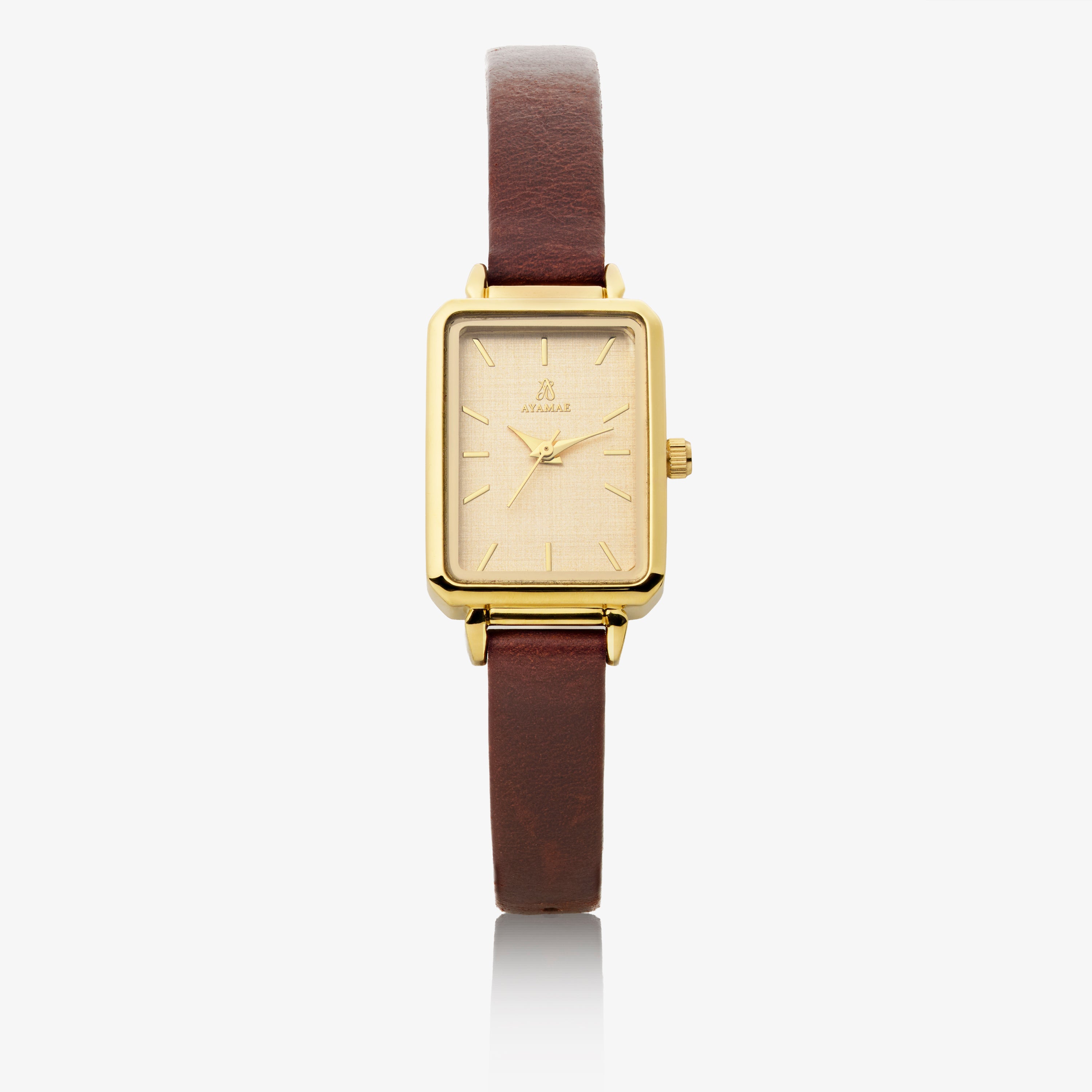 AYAMAE Amara Mini vintage leather dameshorloge met gouden kast en beige wijzerplaat